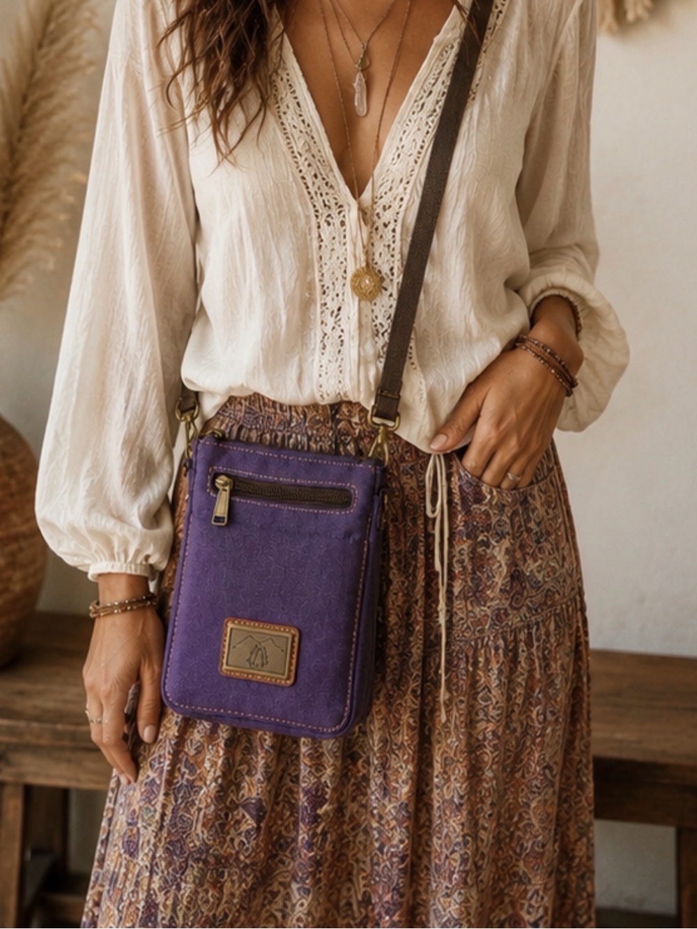 Vintage Prairie Schooner Purple Canvas Crossbody Bag | Boho